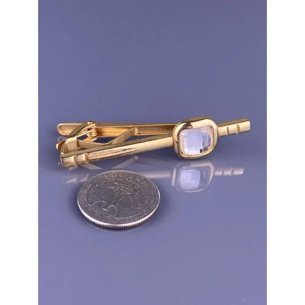 Square White Cut Rhinestone Cufflinks Tie Clip Pin Gold Tone Formal Vintage